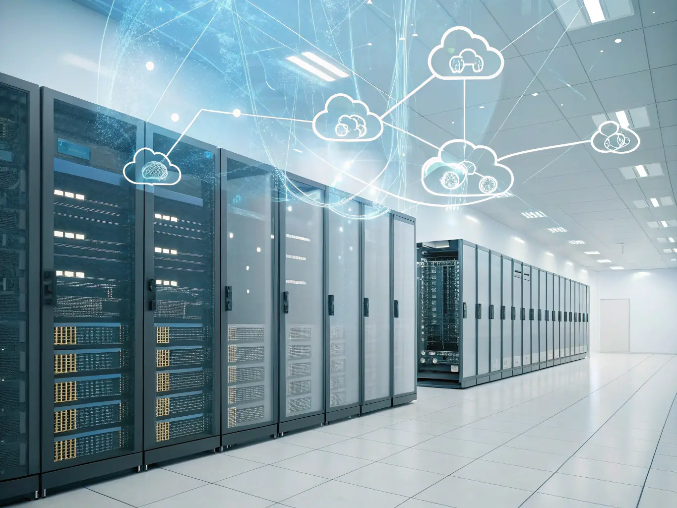 An image depicting a data center with cloud icons overlaying it, symbolizing cloud infrastructure management.