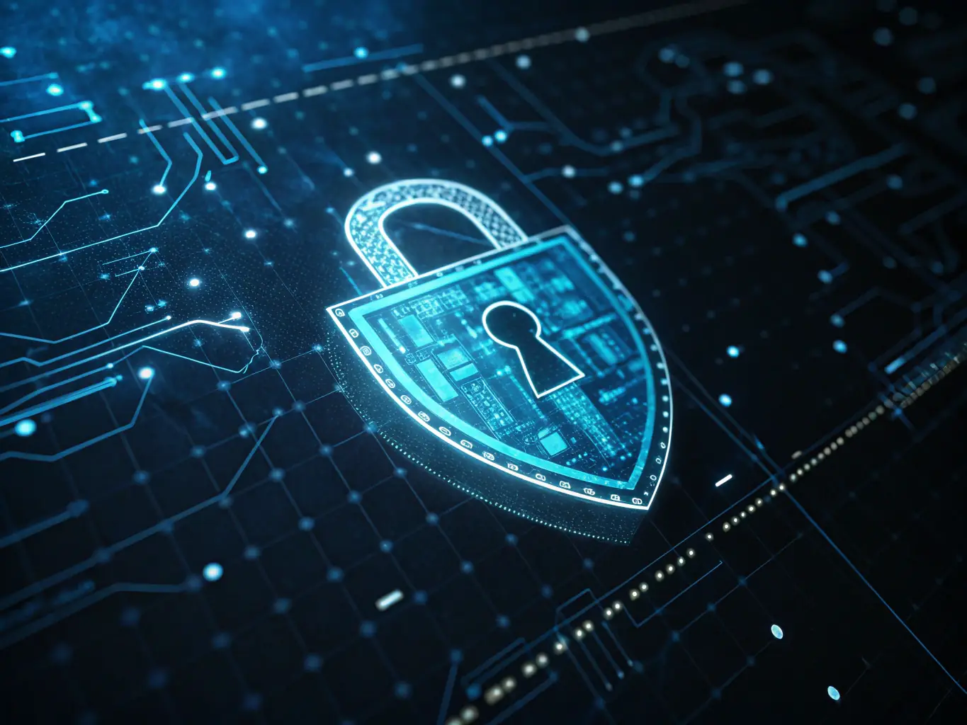 An image of a shield with digital security icons, representing cybersecurity protection.