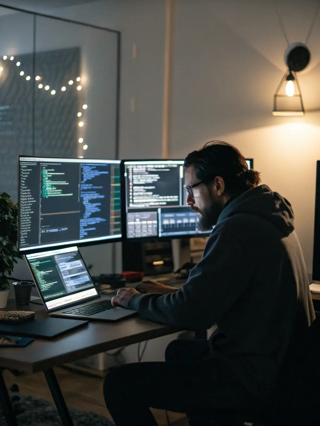 An image of a support technician working on multiple screens, symbolizing support services.