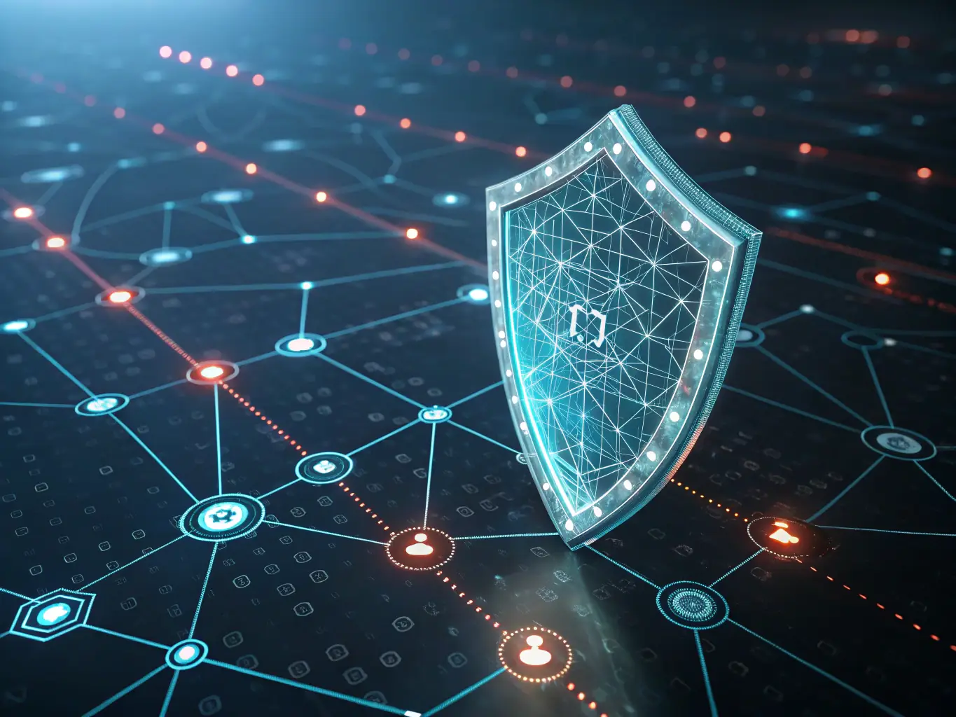 An image of a shield with digital security icons, representing cybersecurity protection.
