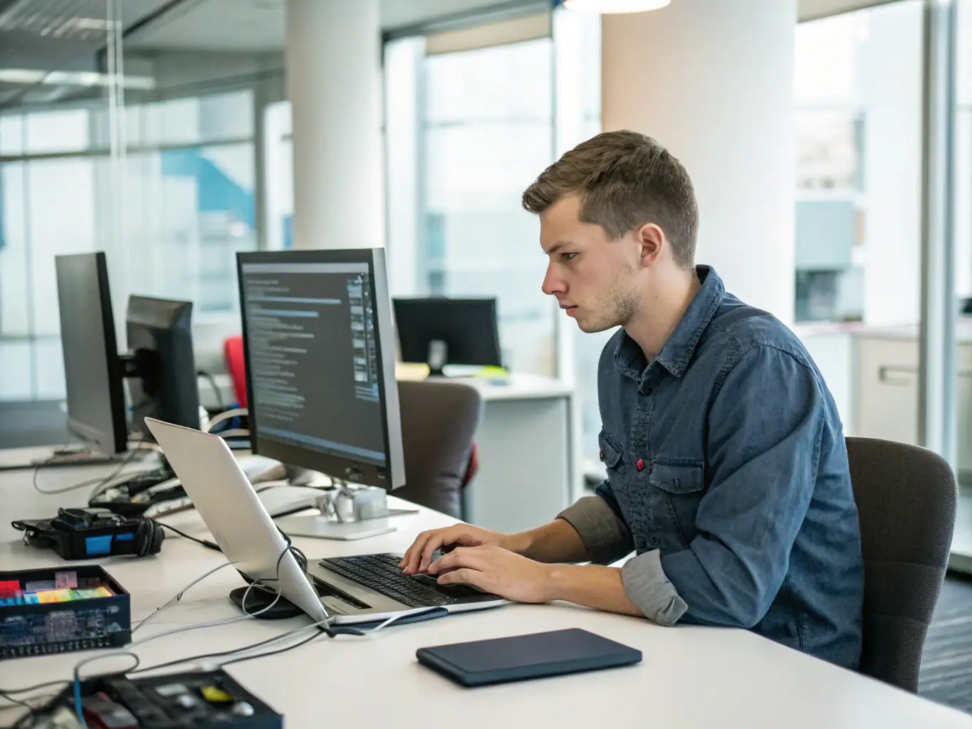 A professional IT technician monitoring a cloud server dashboard, showcasing real-time data and performance metrics, in a modern office setting.